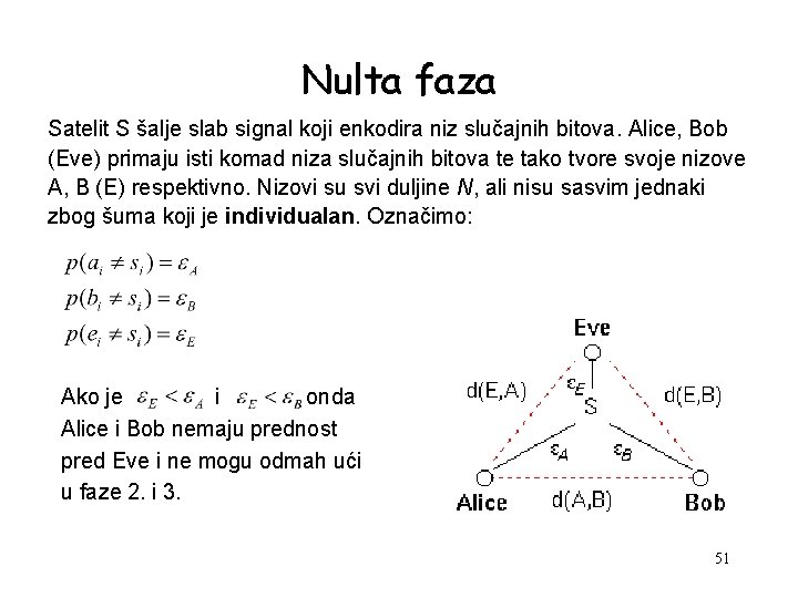 Nulta faza Satelit S šalje slab signal koji enkodira niz slučajnih bitova. Alice, Bob