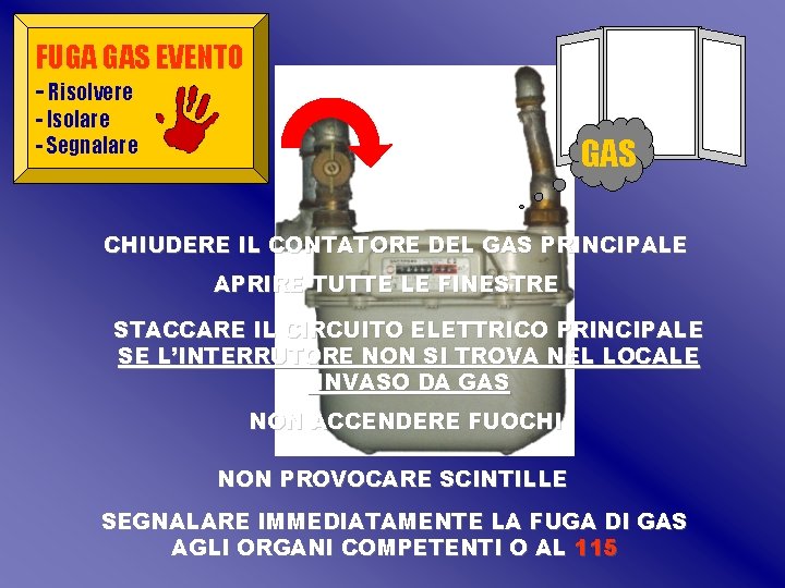 FUGA GAS EVENTO - Risolvere - Isolare - Segnalare GAS CHIUDERE IL CONTATORE DEL FUGA GAS EVENTO - Risolvere - Isolare - Segnalare GAS CHIUDERE IL CONTATORE DEL