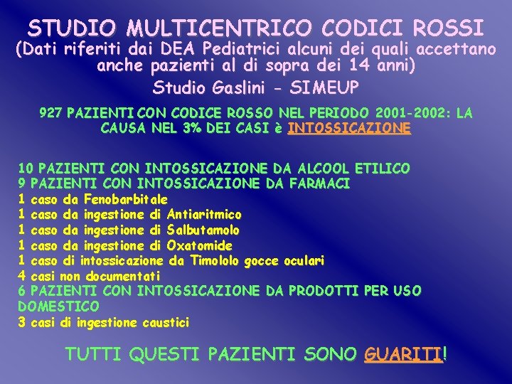 STUDIO MULTICENTRICO CODICI ROSSI (Dati riferiti dai DEA Pediatrici alcuni dei quali accettano anche STUDIO MULTICENTRICO CODICI ROSSI (Dati riferiti dai DEA Pediatrici alcuni dei quali accettano anche