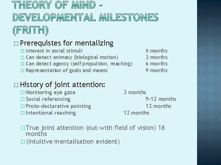 � Prerequistes for mentalizing � Interest in social stimuli � Can detect animacy (biological � Prerequistes for mentalizing � Interest in social stimuli � Can detect animacy (biological