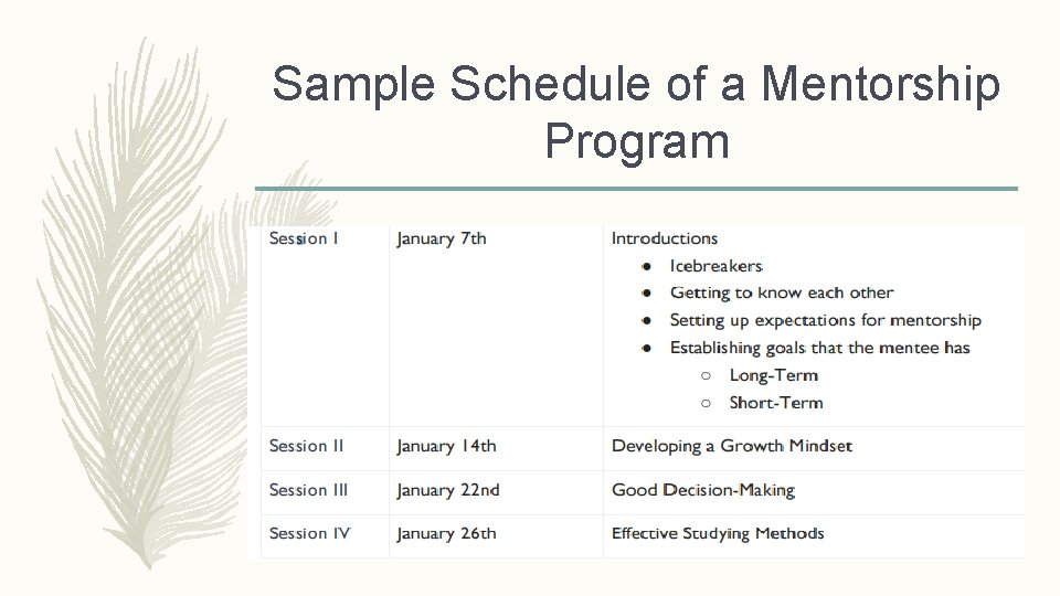 Sample Schedule of a Mentorship Program 