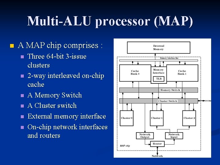 Multi-ALU processor (MAP) n A MAP chip comprises : n n n Three 64