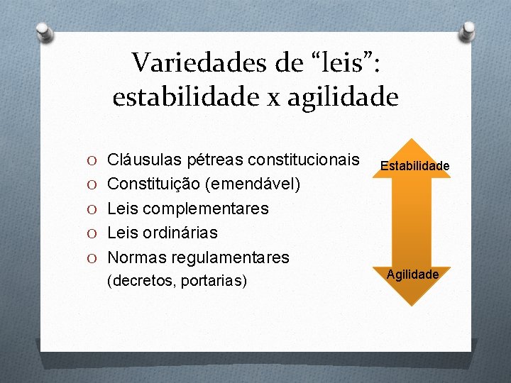 Variedades de “leis”: estabilidade x agilidade O Cláusulas pétreas constitucionais Estabilidade O Constituição (emendável)