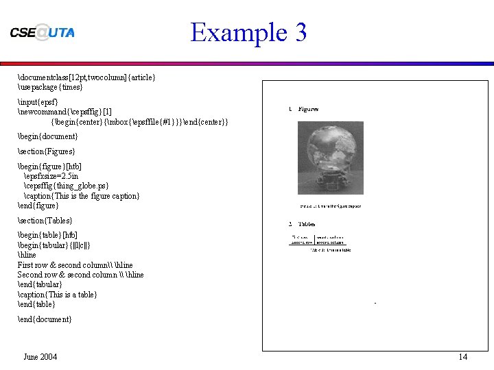 Example 3 documentclass[12 pt, twocolumn]{article} usepackage{times} input{epsf} newcommand{cepsffig}[1] {begin{center}{mbox{epsffile{#1}}}end{center}} begin{document} section{Figures} begin{figure}[htb] epsfxsize=2. 5