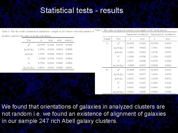 Statistical tests - results We found that orientations of galaxies in analyzed clusters are