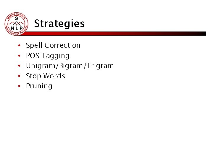 Strategies • • • Spell Correction POS Tagging Unigram/Bigram/Trigram Stop Words Pruning 