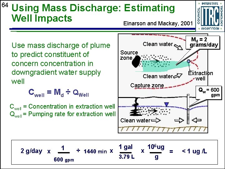 64 Using Mass Discharge: Estimating Well Impacts Einarson and Mackay, 2001 Use mass discharge