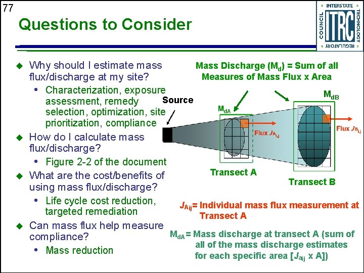 77 Questions to Consider u u Why should I estimate mass Mass Discharge (Md)