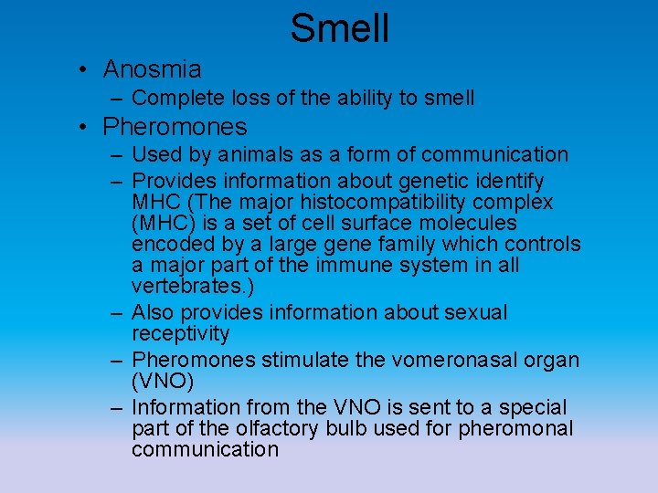 Smell • Anosmia – Complete loss of the ability to smell • Pheromones –