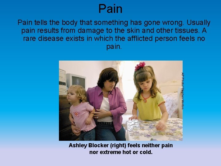 Pain tells the body that something has gone wrong. Usually pain results from damage