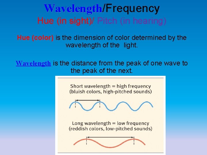 Wavelength/Frequency Wavelength Hue (in sight)/ Pitch (in hearing) Hue (color) is the dimension of