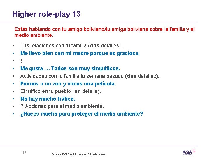 Higher role-play 13 Estás hablando con tu amigo boliviano/tu amiga boliviana sobre la familia