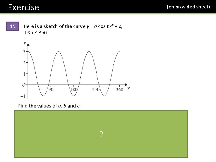 Exercise (on provided sheet) Here is a sketch of the curve y = a