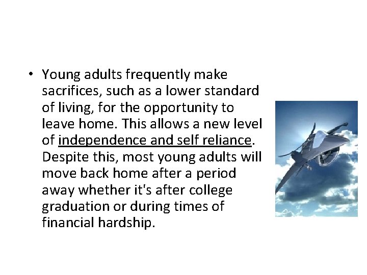  • Young adults frequently make sacrifices, such as a lower standard of living,