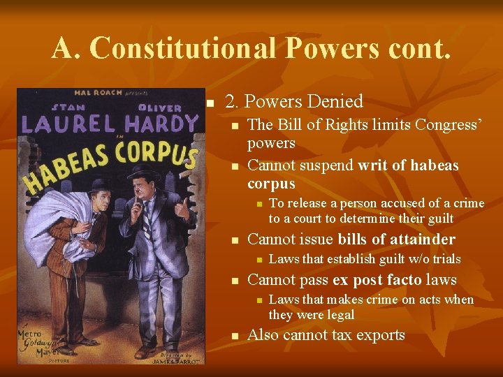 A. Constitutional Powers cont. n 2. Powers Denied n n The Bill of Rights