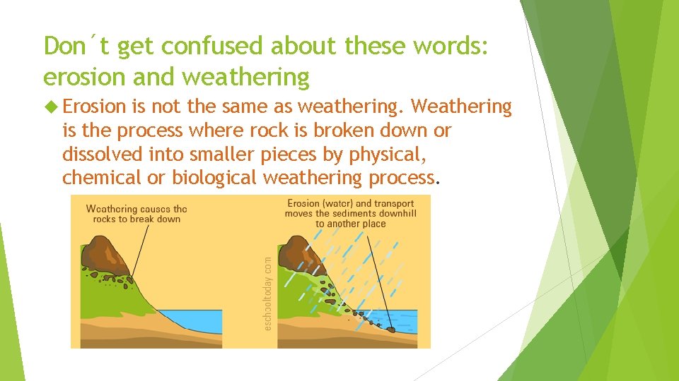Don´t get confused about these words: erosion and weathering Erosion is not the same