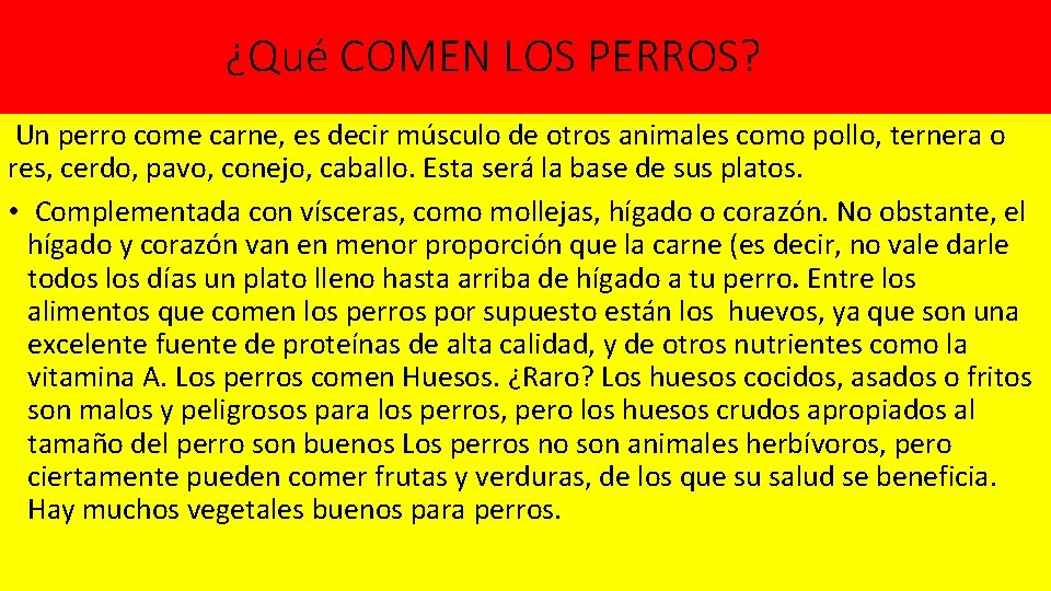 ¿Qué COMEN LOS PERROS? Un perro come carne, es decir músculo de otros animales ¿Qué COMEN LOS PERROS? Un perro come carne, es decir músculo de otros animales