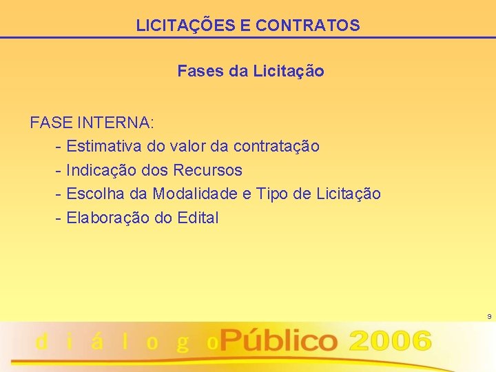 LICITAÇÕES E CONTRATOS Fases da Licitação FASE INTERNA: - Estimativa do valor da contratação