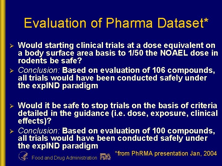 Evaluation of Pharma Dataset* Ø Ø Would starting clinical trials at a dose equivalent