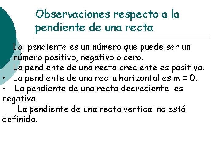 Observaciones respecto a la pendiente de una recta La pendiente es un número que