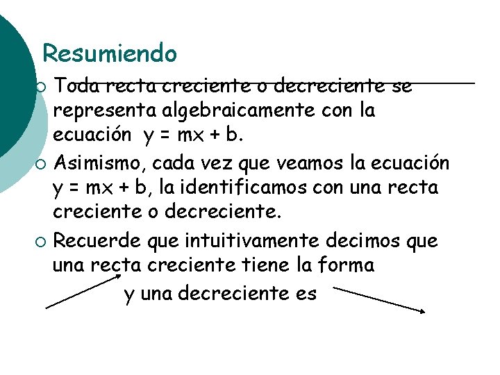 Resumiendo Toda recta creciente o decreciente se representa algebraicamente con la ecuación y =