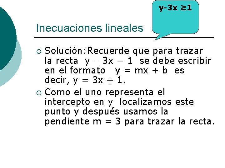 y-3 x ≥ 1 Inecuaciones lineales Solución: Recuerde que para trazar la recta y