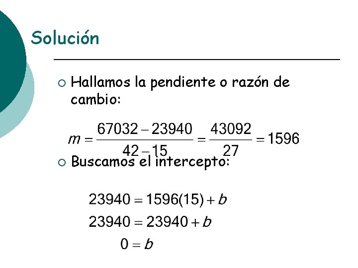 Solución ¡ ¡ Hallamos la pendiente o razón de cambio: Buscamos el intercepto: 