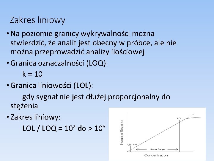 Zakres liniowy • Na poziomie granicy wykrywalności można stwierdzić, że analit jest obecny w