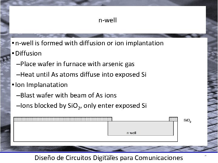 n-well • n-well is formed with diffusion or ion implantation • Diffusion –Place wafer