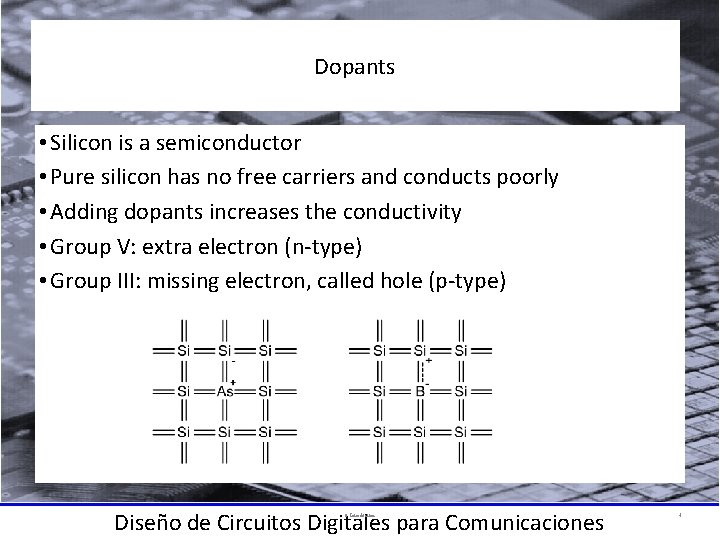 Dopants • Silicon is a semiconductor • Pure silicon has no free carriers and