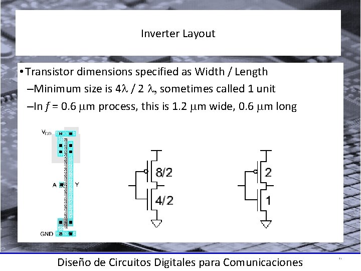 Inverter Layout • Transistor dimensions specified as Width / Length –Minimum size is 4