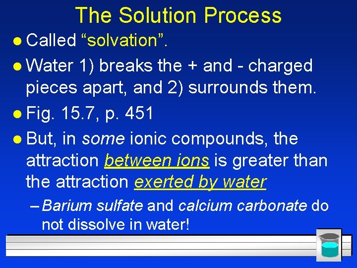 The Solution Process l Called “solvation”. l Water 1) breaks the + and -