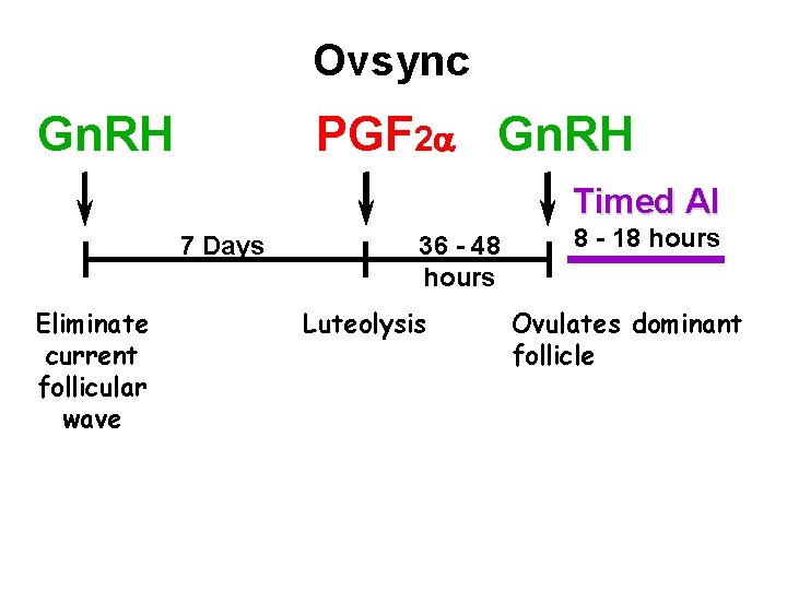 Ovsync Gn. RH PGF 2 Gn. RH Timed AI 7 Days Eliminate current follicular