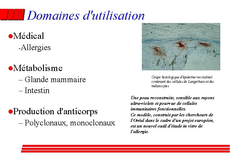 Domaines d'utilisation l. Médical -Allergies l. Métabolisme – Glande mammaire – Intestin l. Production