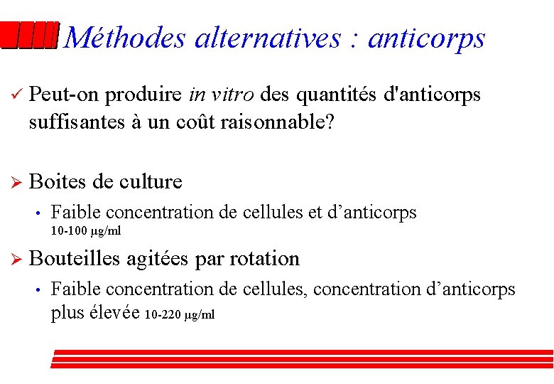 Méthodes alternatives : anticorps ü Peut-on produire in vitro des quantités d'anticorps suffisantes à