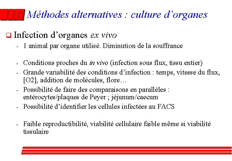 Méthodes alternatives : culture d’organes q Infection d’organes ex vivo - 1 animal par