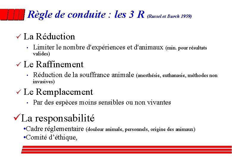 Règle de conduite : les 3 R (Russel et Burch 1959) ü La Réduction