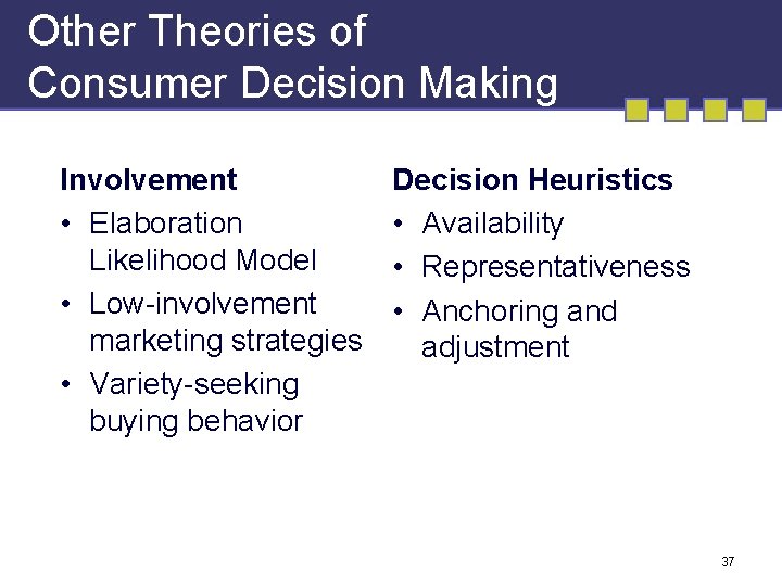 Other Theories of Consumer Decision Making Involvement • Elaboration Likelihood Model • Low-involvement marketing
