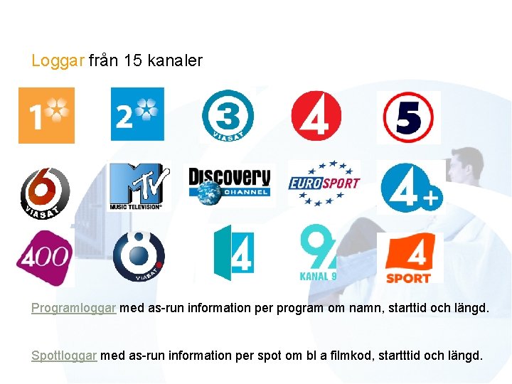 Loggar från 15 kanaler Programloggar med as-run information per program om namn, starttid och