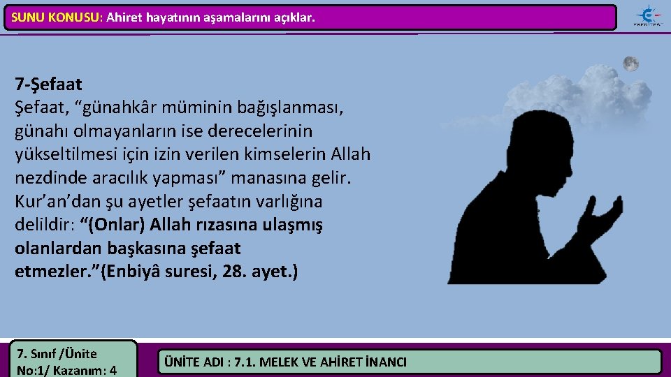 SUNU KONUSU: Ahiret hayatının aşamalarını açıklar. 7 Şefaat, “günahkâr müminin bağışlanması, günahı olmayanların ise
