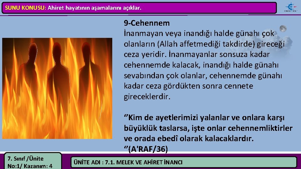 SUNU KONUSU: Ahiret hayatının aşamalarını açıklar. 9 Cehennem İnanmayan veya inandığı halde günahı çok