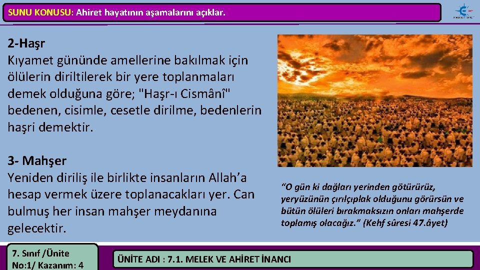 SUNU KONUSU: Ahiret hayatının aşamalarını açıklar. 2 Haşr Kıyamet gününde amellerine bakılmak için ölülerin