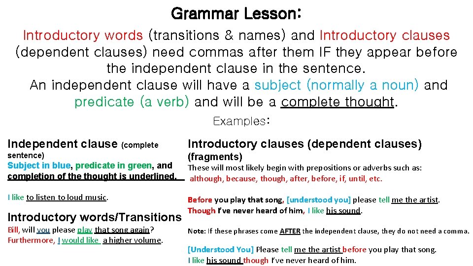 Grammar Lesson: Introductory words (transitions & names) and Introductory clauses (dependent clauses) need commas