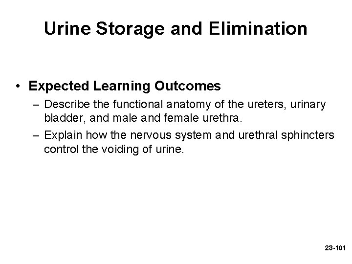 Urine Storage and Elimination • Expected Learning Outcomes – Describe the functional anatomy of Urine Storage and Elimination • Expected Learning Outcomes – Describe the functional anatomy of