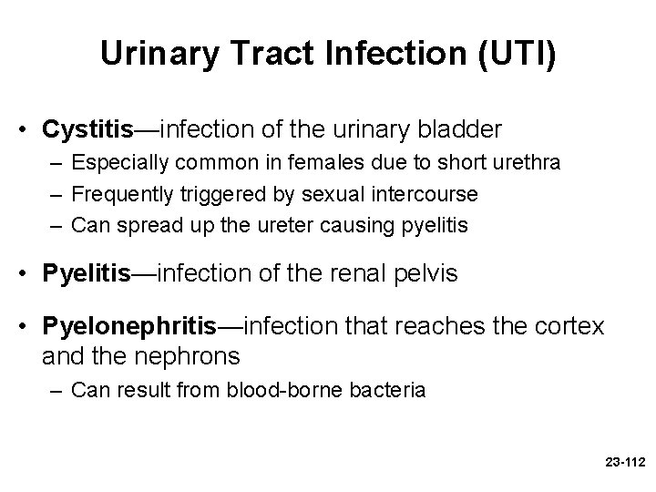 Urinary Tract Infection (UTI) • Cystitis—infection of the urinary bladder – Especially common in Urinary Tract Infection (UTI) • Cystitis—infection of the urinary bladder – Especially common in