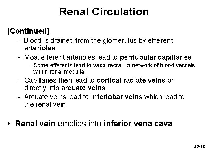 Renal Circulation (Continued) - Blood is drained from the glomerulus by efferent arterioles - Renal Circulation (Continued) - Blood is drained from the glomerulus by efferent arterioles -