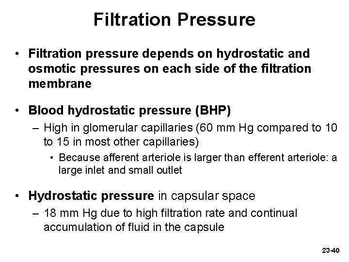 Filtration Pressure • Filtration pressure depends on hydrostatic and osmotic pressures on each side Filtration Pressure • Filtration pressure depends on hydrostatic and osmotic pressures on each side