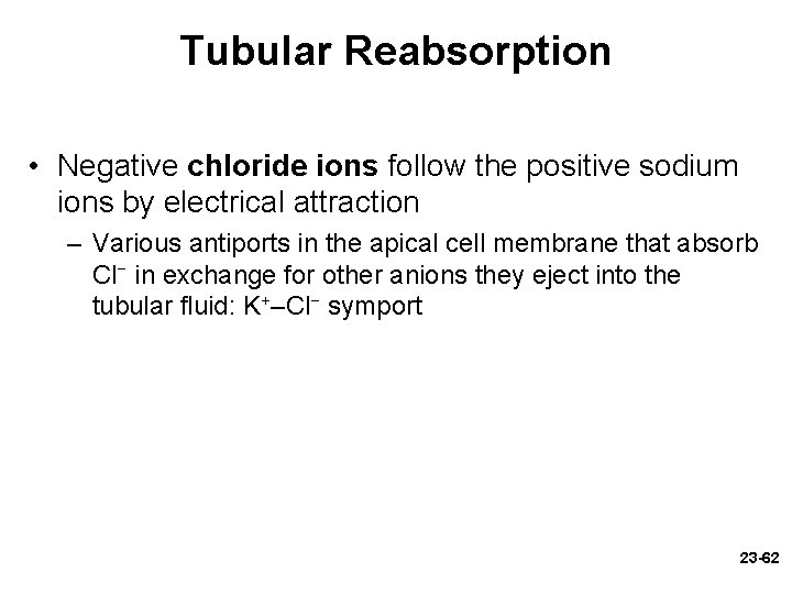 Tubular Reabsorption • Negative chloride ions follow the positive sodium ions by electrical attraction Tubular Reabsorption • Negative chloride ions follow the positive sodium ions by electrical attraction