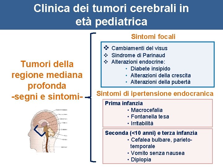 Clinica dei tumori cerebrali in età pediatrica Sintomi focali v Cambiamenti del visus Tumori