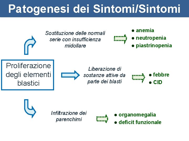 Patogenesi dei Sintomi/Sintomi anemia l neutropenia l piastrinopenia l Sostituzione delle normali serie con
